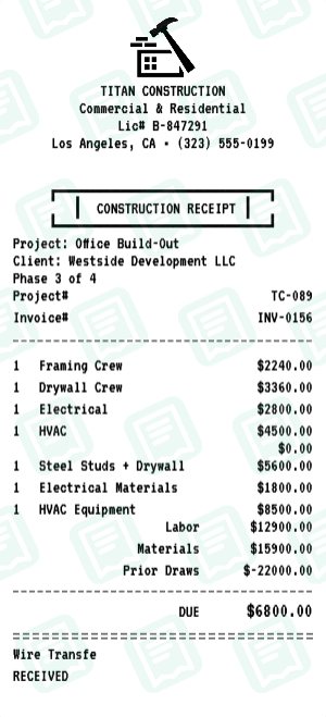 Construction receipt preview - click to customize