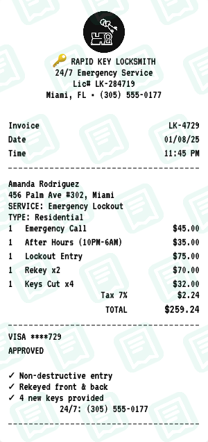 Locksmith receipt preview - click to customize