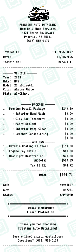 Car Detailing receipt preview - click to customize
