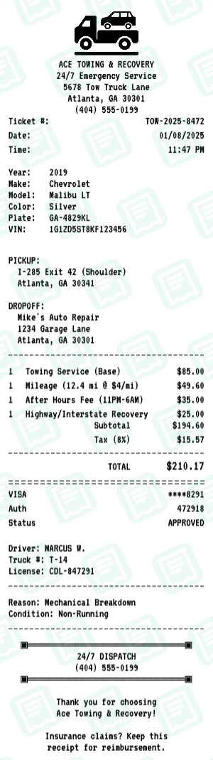 Towing receipt preview - click to customize