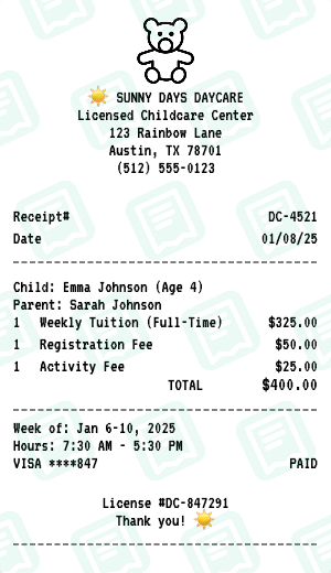 Daycare receipt preview - click to customize