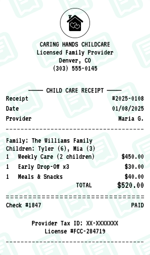 Child Care receipt preview - click to customize