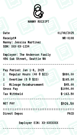 Nanny receipt preview - click to customize