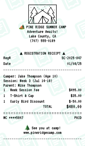 Summer Camp receipt preview - click to customize