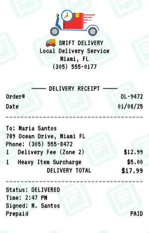 Delivery receipt preview - click to customize