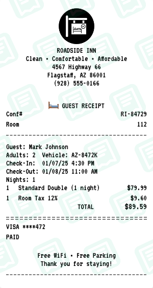 Motel receipt preview - click to customize