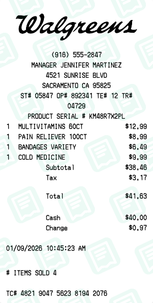 Walgreens Receipt Example - Health Essentials