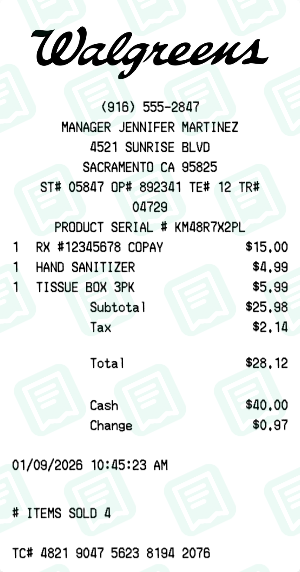 Walgreens Receipt Example - Prescription Pickup