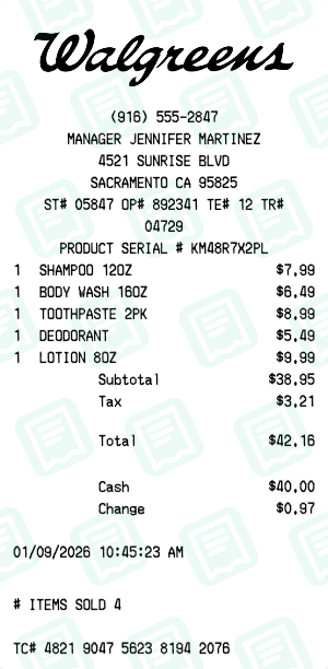 Walgreens Receipt with SHAMPOO 12OZ, BODY WASH 16OZ, TOOTHPASTE 2PK totaling $42