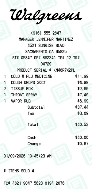 Walgreens Receipt Example - Cold & Flu Supplies