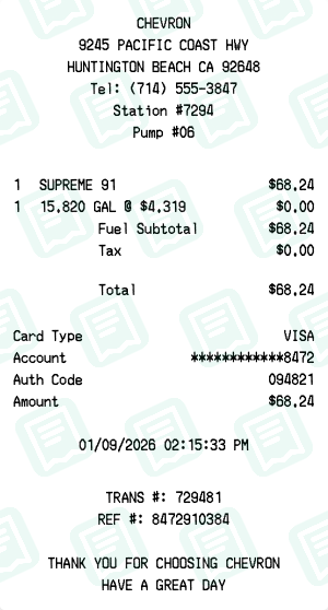Chevron receipt preview - click to customize