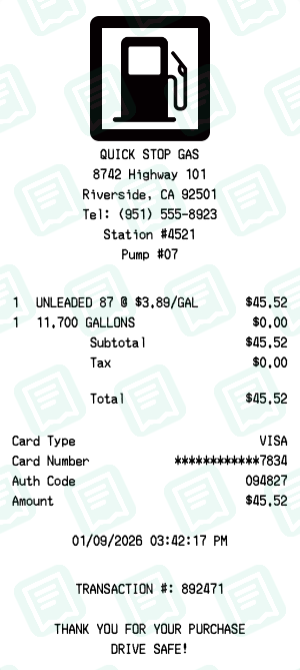 Gas Station receipt preview - click to customize