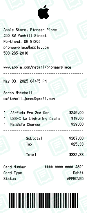 Apple Receipt with AirPods Pro, MagSafe Charger and Cable totaling $332