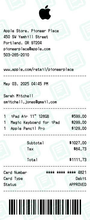 Apple Receipt with iPad Air, Magic Keyboard and Apple Pencil totaling $1,111