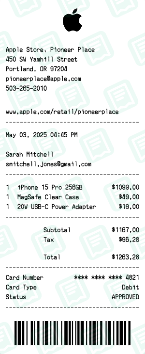 Apple Receipt with iPhone 15 Pro, MagSafe Case and Charger totaling $1,263