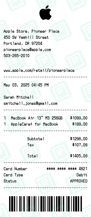 Apple Receipt with MacBook Air M3 and AppleCare+ totaling $1,405