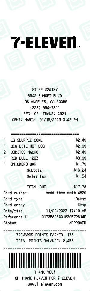 7-Eleven receipt preview - click to customize