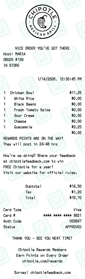 Chipotle receipt preview - click to customize