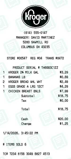 Kroger receipt preview - click to customize