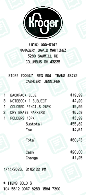 Kroger Receipt Example - Back to School