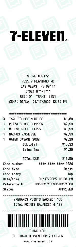 7-Eleven Receipt Example - Hot Food