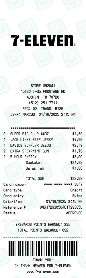 7 Eleven Receipt with SUPER BIG GULP 44OZ, JACK LINKS BEEF JERKY, DAVIDS SUNFLWR SEEDS totaling $24