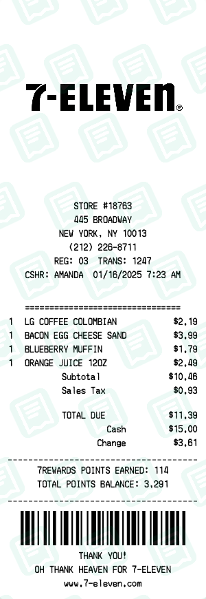 7-Eleven Receipt Example - Morning Coffee