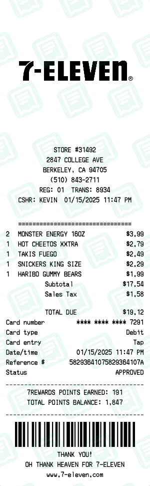 7-Eleven Receipt Example - Late Night Snack