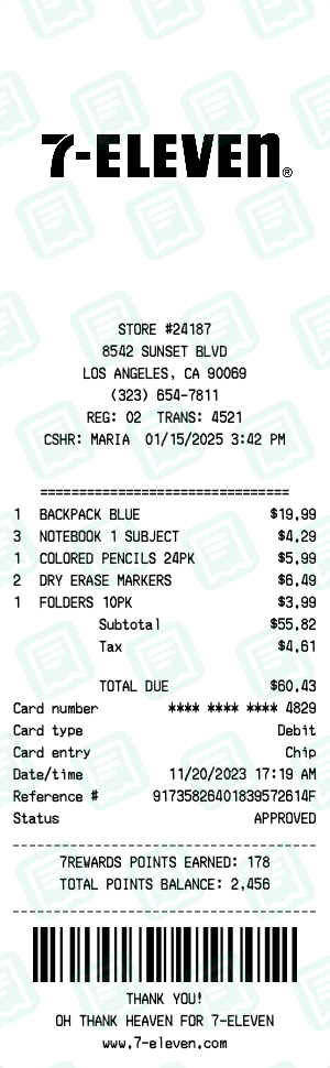 7-Eleven Receipt Example - Back to School