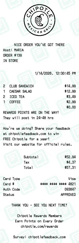 Chipotle Receipt with CLUB SANDWICH, CAESAR SALAD, ICED TEA totaling $57