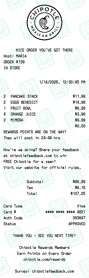 Chipotle Receipt Example - Family Brunch