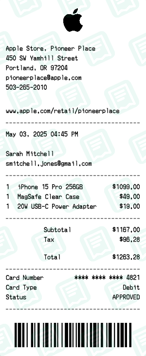 Apple Receipt with iPhone 15 Pro 256GB, MagSafe Clear Case, 20W USB-C Power Adapter totaling $1,263