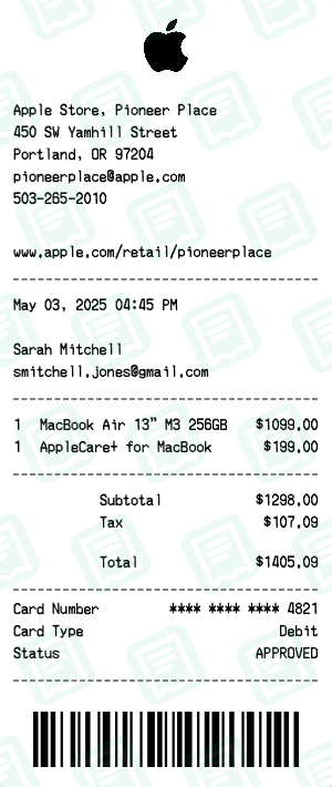 Apple Receipt with MacBook Air 13" M3 256GB, AppleCare+ for MacBook totaling $1,405