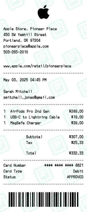 Apple Receipt with AirPods Pro 2nd Gen, USB-C to Lightning Cable, MagSafe Charger totaling $332