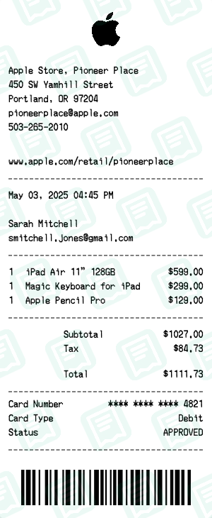 Apple Receipt with iPad Air 11" 128GB, Magic Keyboard for iPad, Apple Pencil Pro totaling $1,112