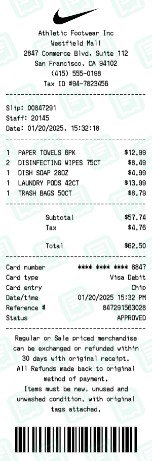Nike Receipt with PAPER TOWELS 6PK, DISINFECTING WIPES 75CT, DISH SOAP 28OZ totaling $63