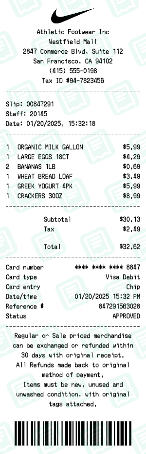 Nike Receipt with ORGANIC MILK GALLON, LARGE EGGS 18CT, BANANAS 1LB totaling $33