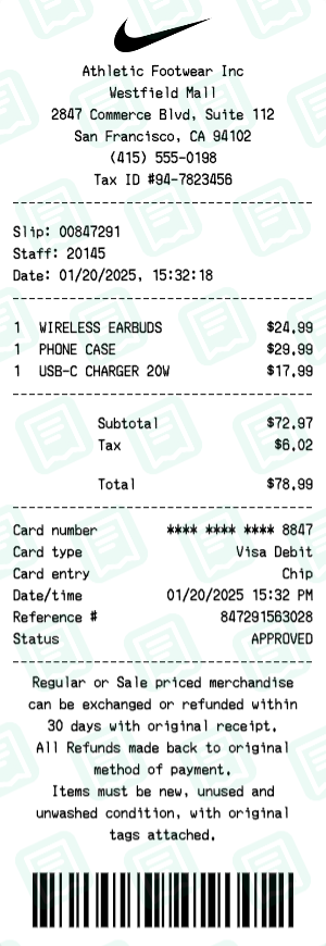 Nike Receipt with WIRELESS EARBUDS, PHONE CASE, USB-C CHARGER 20W totaling $79