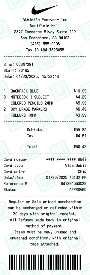 Nike Receipt with BACKPACK BLUE, NOTEBOOK 1 SUBJECT, COLORED PENCILS 24PK totaling $60