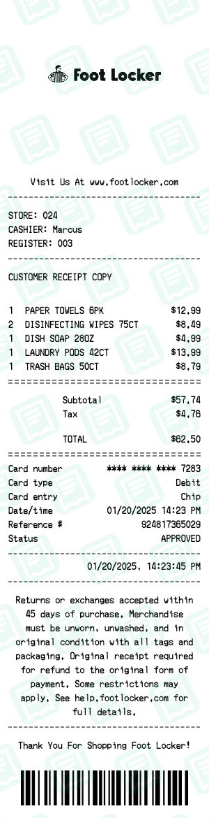Foot Locker Receipt with PAPER TOWELS 6PK, DISINFECTING WIPES 75CT, DISH SOAP 28OZ totaling $63
