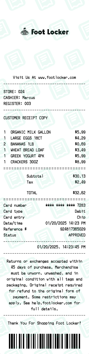 Foot Locker Receipt with ORGANIC MILK GALLON, LARGE EGGS 18CT, BANANAS 1LB totaling $33