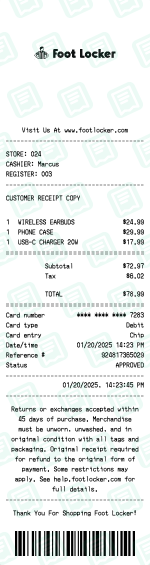 Foot Locker Receipt with WIRELESS EARBUDS, PHONE CASE, USB-C CHARGER 20W totaling $79