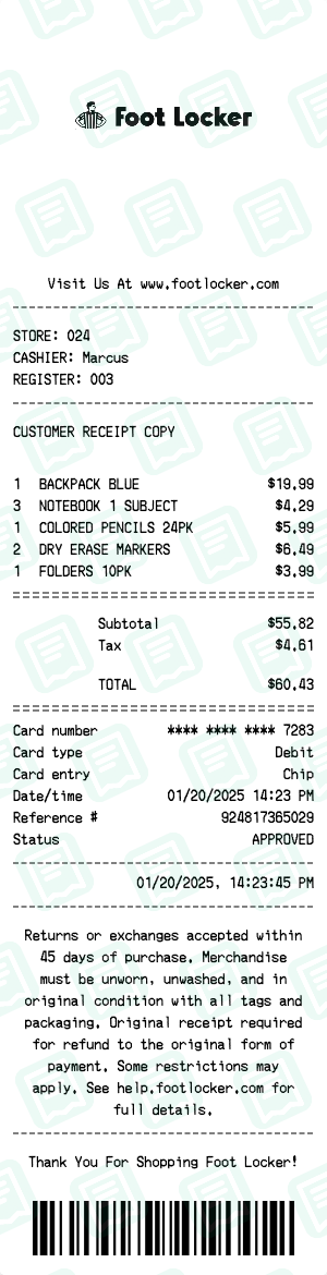 Foot Locker Receipt with BACKPACK BLUE, NOTEBOOK 1 SUBJECT, COLORED PENCILS 24PK totaling $60
