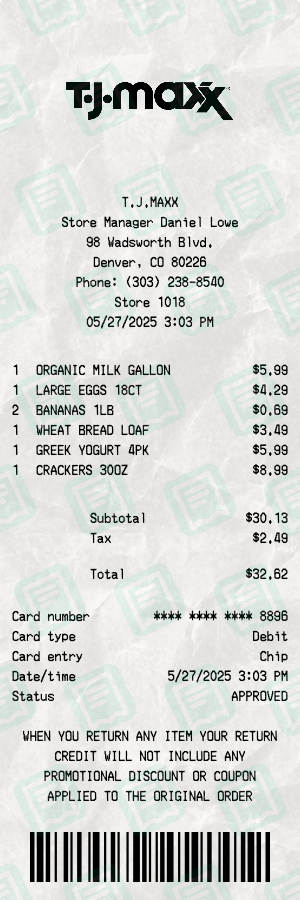 Tj Maxx Receipt with ORGANIC MILK GALLON, LARGE EGGS 18CT, BANANAS 1LB totaling $33