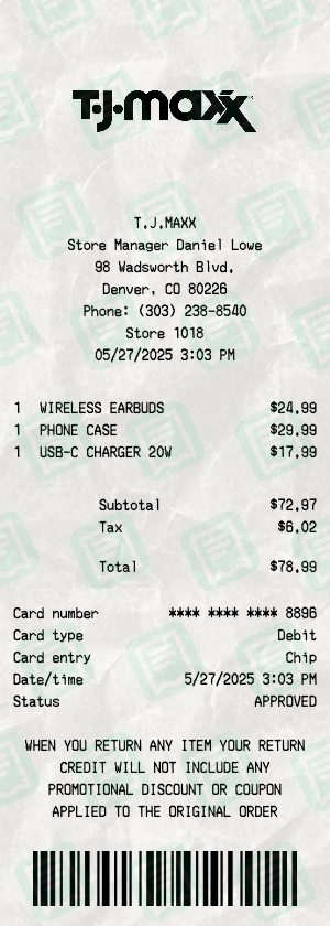 Tj Maxx Receipt with WIRELESS EARBUDS, PHONE CASE, USB-C CHARGER 20W totaling $79