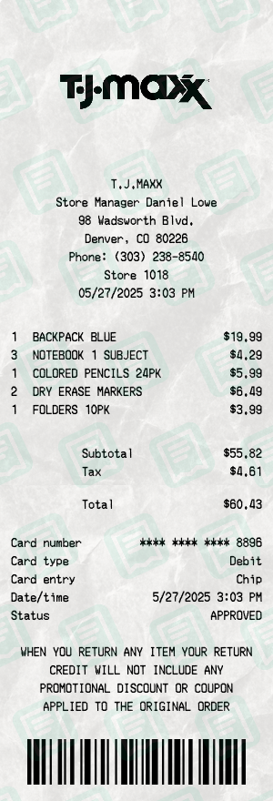 Tj Maxx Receipt with BACKPACK BLUE, NOTEBOOK 1 SUBJECT, COLORED PENCILS 24PK totaling $60