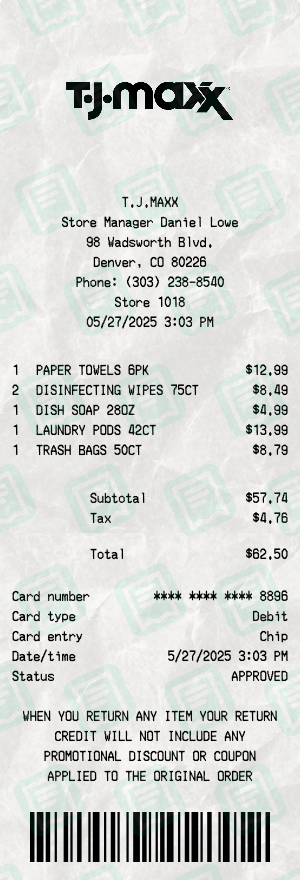 Tj Maxx Receipt with PAPER TOWELS 6PK, DISINFECTING WIPES 75CT, DISH SOAP 28OZ totaling $63