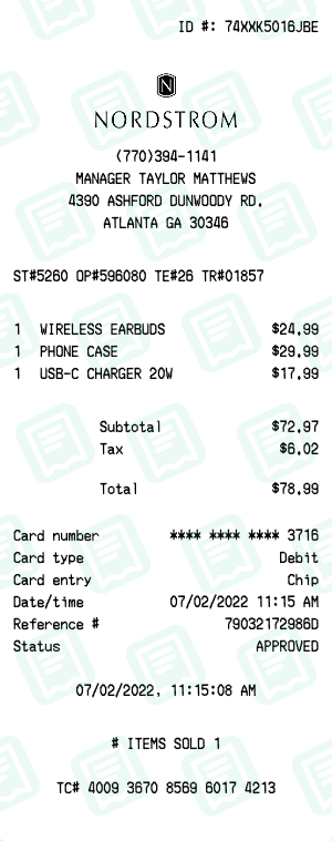 Nordstrom Receipt with WIRELESS EARBUDS, PHONE CASE, USB-C CHARGER 20W totaling $79