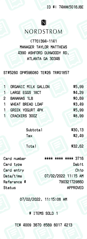 Nordstrom Receipt with ORGANIC MILK GALLON, LARGE EGGS 18CT, BANANAS 1LB totaling $33