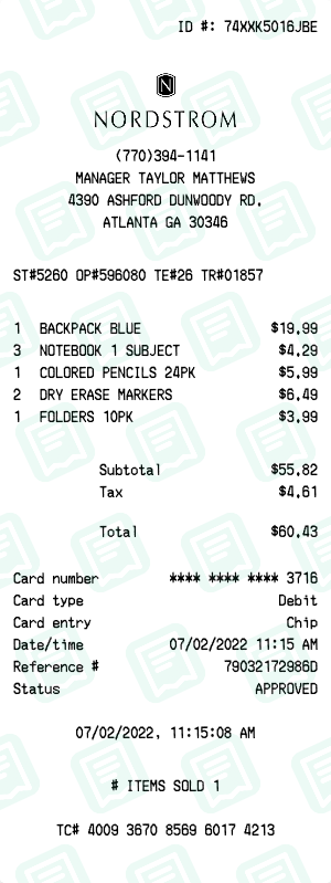 Nordstrom Receipt with BACKPACK BLUE, NOTEBOOK 1 SUBJECT, COLORED PENCILS 24PK totaling $60